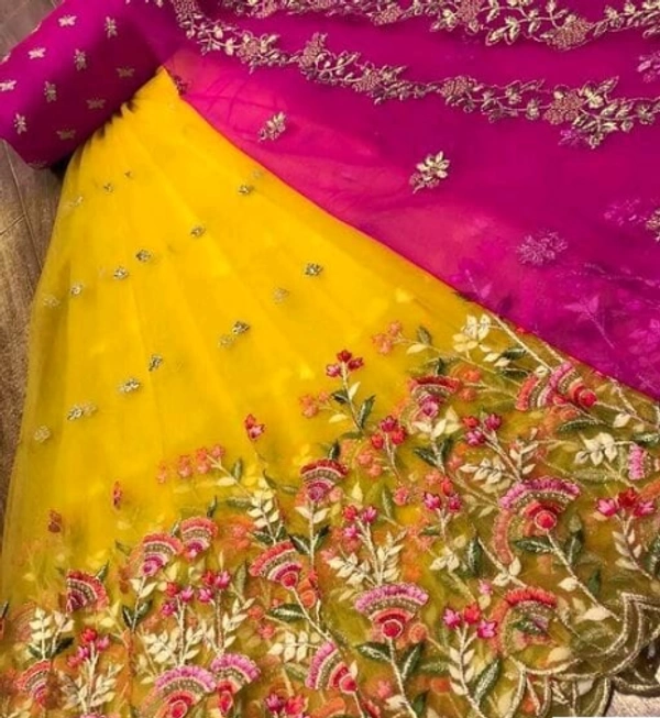 ALISHA Semi Stitched Silk Blouse Net Bottom Superior Women Lehenga - Semi Stitiched, Yellow &Pink, Top Fabric: Silk Bottom & Dupatta Fabric:Net, Multipack :1
